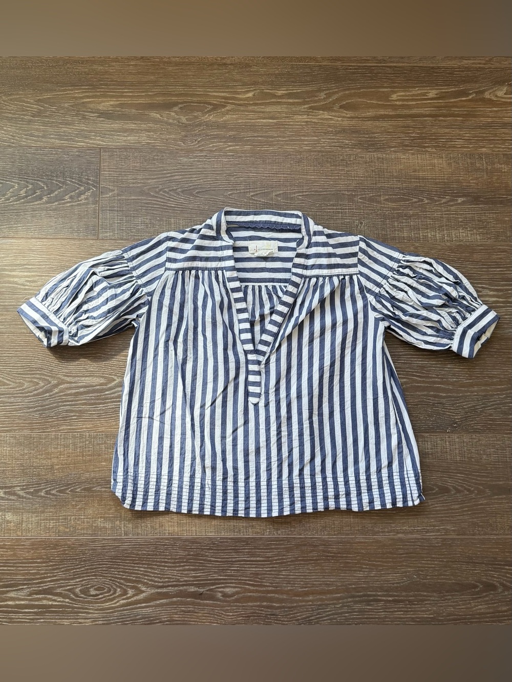 Anthropologie Blue and White Striped Puff Sleeve Blouse
